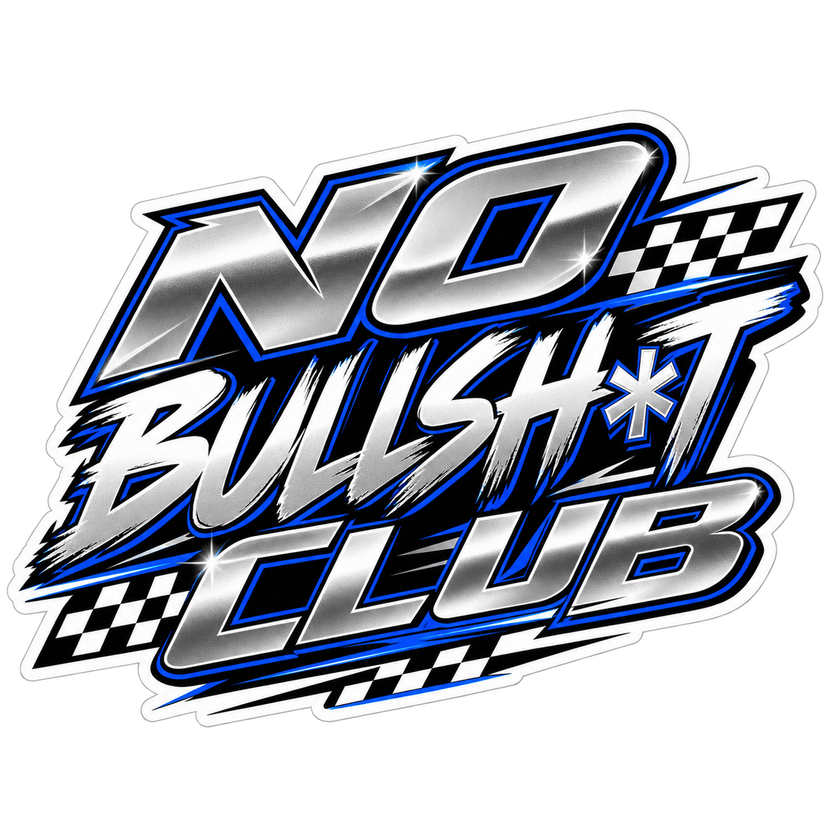 Racing Chrome No Bullsh*t Club sticker with blue trim and checkered flags