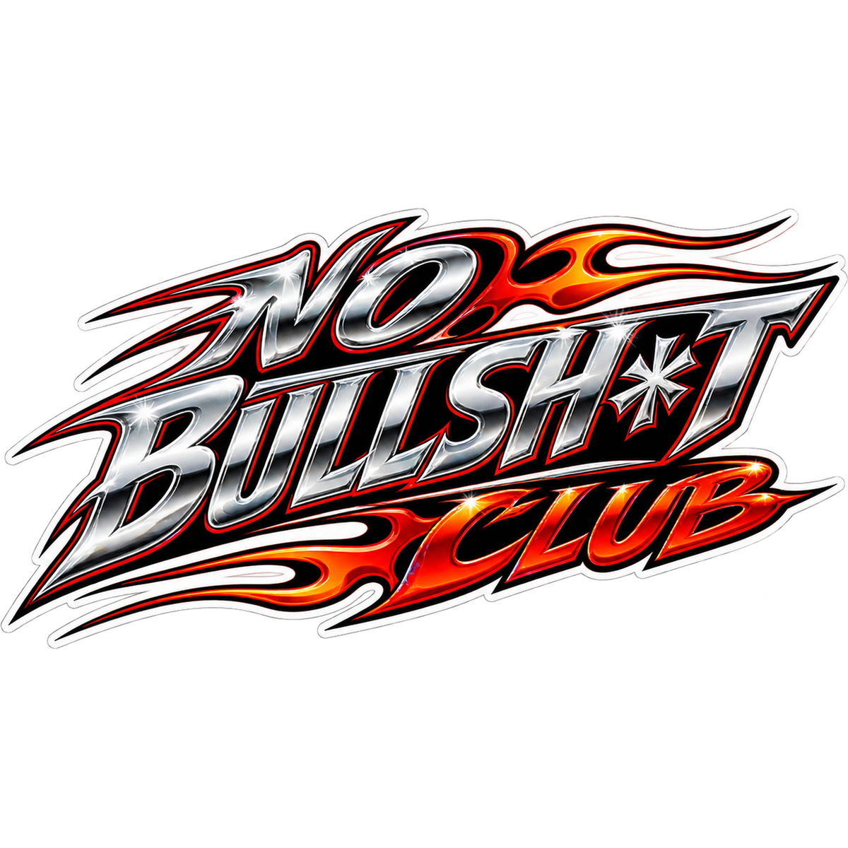 Hot Rod Flames No Bullsh*t Club sticker with chrome lettering and flames