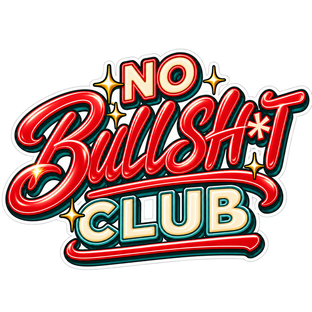 Retro Diner No Bullsh*t Club sticker in red script with cream and teal